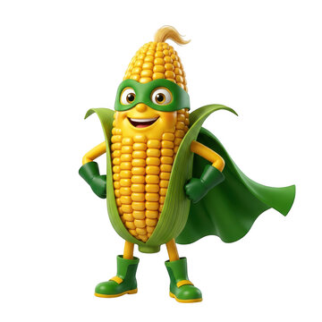 3d illustration of a cute corn superhero character wearing a green mask, cape, and boots isolated on transparent background