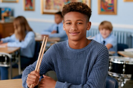 Teenage student learning drumming in music class