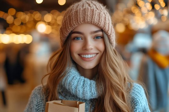 Young woman smiling while enjoying winter shopping spree