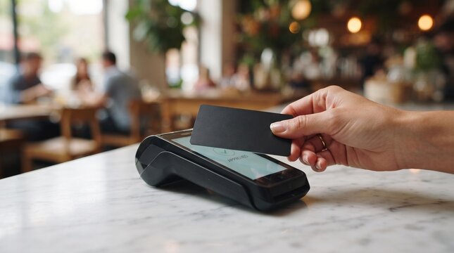 Customer making contactless payment with black credit card over electronic terminal in blurred cafe background during morning transaction for coffee and service.