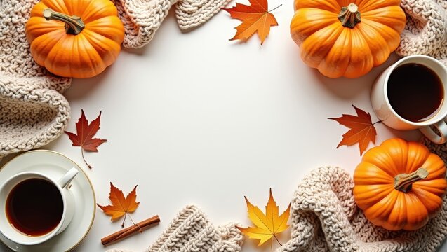 Cozy autumn flat lay with pumpkins, warm knitted blankets, coffee, maple leaves and cinnamon on a light background. Seasonal fall composition with copy space for text, banners and designs