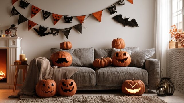 Halloween home interior with glowing jack o lantern pumpkins on sofa, festive holiday decorations, cozy autumn living room, warm seasonal party atmosphere and spooky celebration decor