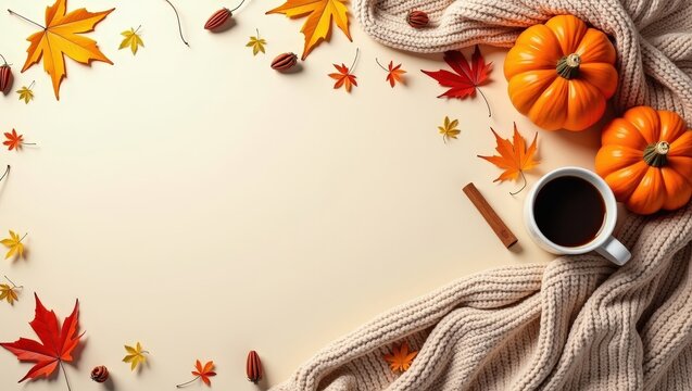 Cozy autumn flat lay with pumpkins, warm knitted blankets, coffee, maple leaves and cinnamon on a light background. Seasonal fall composition with copy space for text, banners and designs