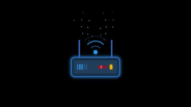 Blue Neon WiFi Router with Pulsing Signal Waves Seamless Loop