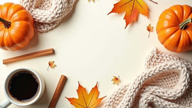 Cozy autumn flat lay with pumpkins, warm knitted blankets, coffee, maple leaves and cinnamon on a light background. Seasonal fall composition with copy space for text, banners and designs