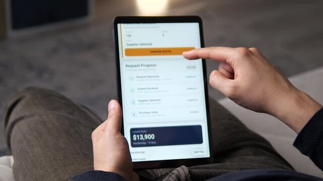 Procurement specialist compares supplier quotes for industrial sensors on a tablet, reviewing pricing, delivery terms and purchase progress in a digital sourcing workflow.