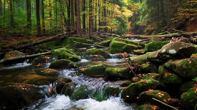 Serene Autumn River Flowing Through Vibrant Golden Forest with Fresh Water and Mossy Rocks 4K