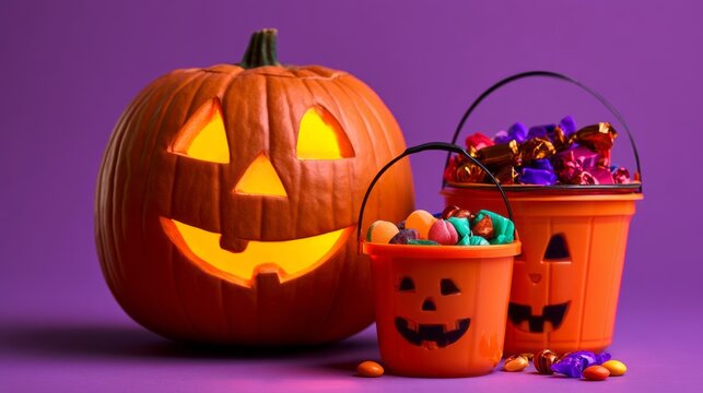 Lit jack-o-lantern with candy buckets on purple background, festive halloween treats and spooky seasonal celebration, glowing pumpkin decoration for autumn party, trick or treat concept and holiday ev