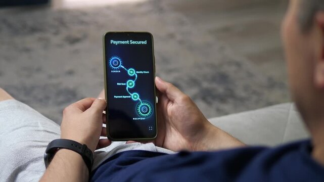 Person watches a secure mobile payment process with identity check, risk scan and approval, highlighting real-time fraud prevention and safer digital transactions.