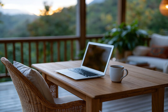 Minimalist office in a tropical pavilion with elegant wood furniture, open laptop and ceramic coffee mug, rainforest scenery beyond, soft morning light