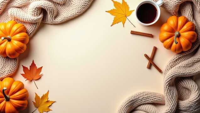 Cozy autumn flat lay with pumpkins, warm knitted blankets, coffee, maple leaves and cinnamon on a light background. Seasonal fall composition with copy space for text, banners and designs