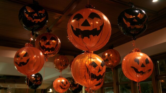 Scary halloween air balloon decoration for spooky party celebration with eerie balloon arrangement and festive seasonal atmosphere