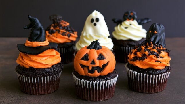 halloween spooky halloween cupcakes with festive decorations, scary dessert treats for halloween party celebration, cute dark-themed baked sweets with creative frosting and seasonal holiday atmosphere