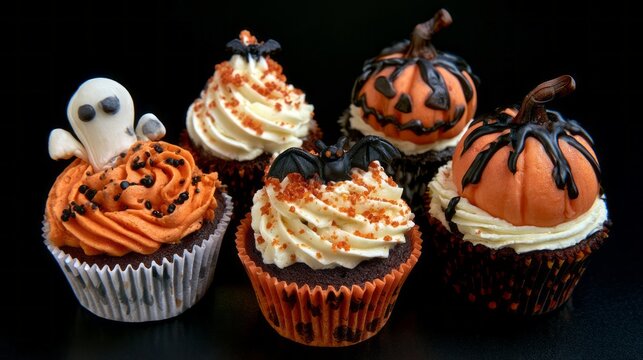 halloween spooky halloween cupcakes with festive decorations, scary dessert treats for halloween party celebration, cute dark-themed baked sweets with creative frosting and seasonal holiday atmosphere