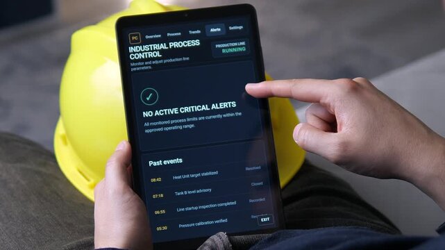 Engineer monitors industrial production data on a tablet, reviewing process trends and system alerts in a smart manufacturing workflow focused on efficiency and operational control.