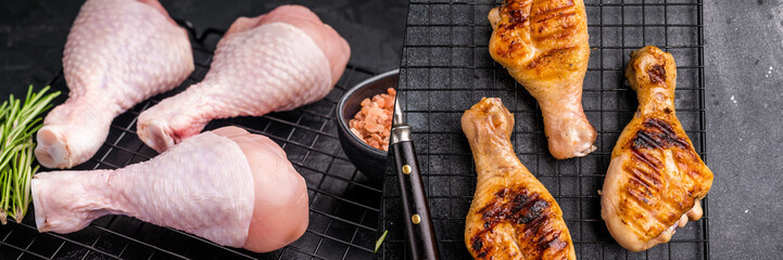 Raw chicken drumsticks beside golden grilled drumsticks on wire racks in a two panel food collage on dark stone surfaces © Mironov