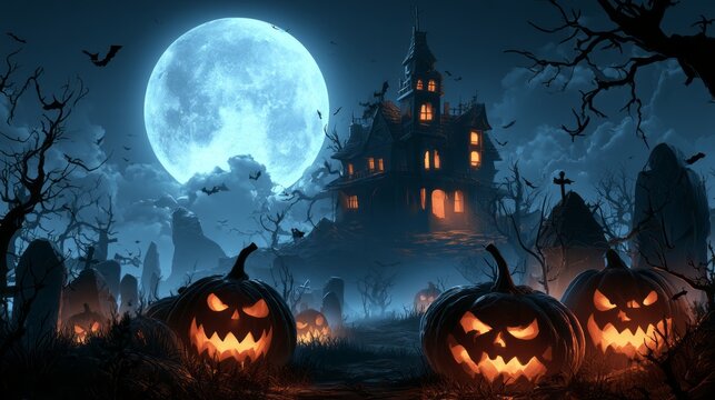 Haunted house at night with glowing halloween pumpkins, full moon, dark autumn landscape, spooky eerie atmosphere and mysterious horror scene