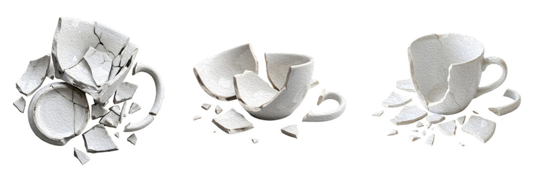 Broken white ceramic coffee mug shattered into pieces isolated on a white background