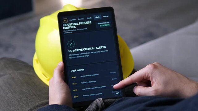 Technician checks industrial alert history on a tablet, confirming stable production conditions and resolved process events in a connected manufacturing environment.