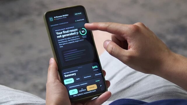 Person edits a resume with AI suggestions on a smartphone, highlighting generative technology, career optimization and the changing way job seekers prepare professional applications.