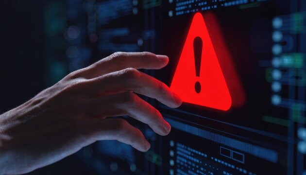 Hand touching a glowing red warning sign on a dark digital screen