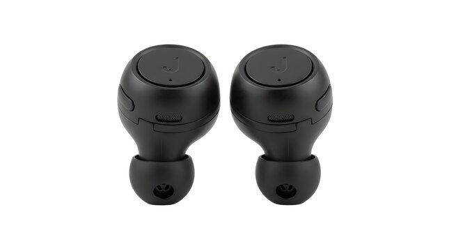 Pair of black wireless bluetooth earbuds isolated on white background in ear
