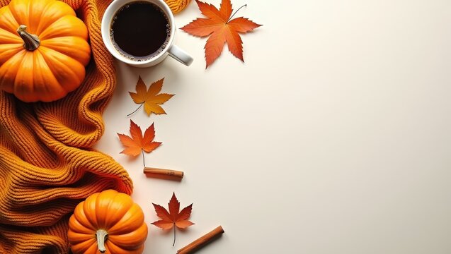 Cozy autumn flat lay with pumpkins, warm knitted blankets, coffee, maple leaves and cinnamon on a light background. Seasonal fall composition with copy space for text, banners and designs