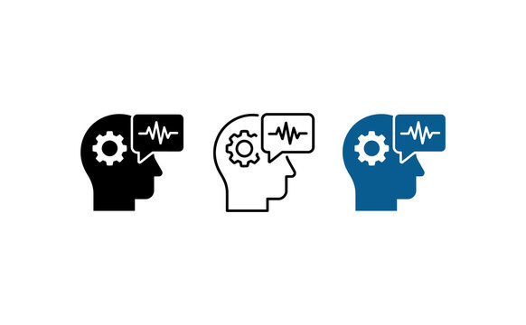 Mental health and cognitive thinking vector icon set. Includes human head, gear, and pulse wave symbols. Clean flat design for psychology and neurology concepts.