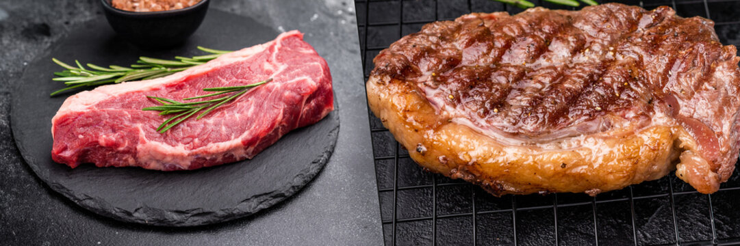 Striploin steak before and after grilling with raw beef on slate and a browned juicy steak on a wire rack