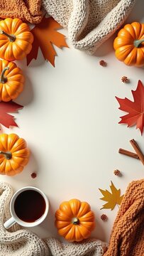 Cozy autumn flat lay with pumpkins, warm knitted blankets, coffee, maple leaves and cinnamon on a light background. Seasonal fall composition with copy space for text, banners and designs
