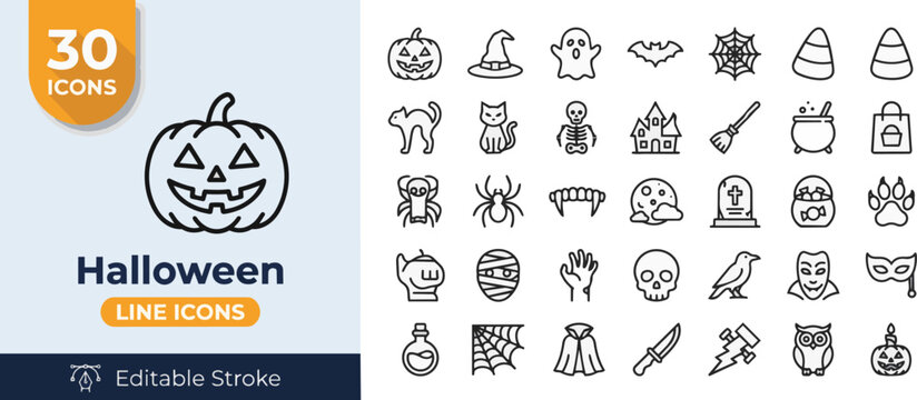 Set of thirty halloween line icons with collection on transparent background Editable Stroke.