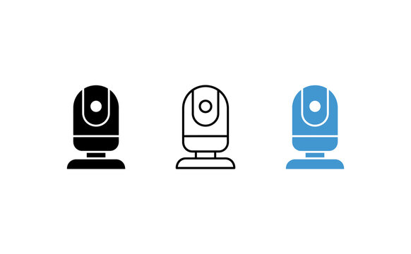 Security camera solid line icon set. Surveillance devices in black, outline, and blue styles. Flat vector icons for smart home monitoring and video surveillance systems.