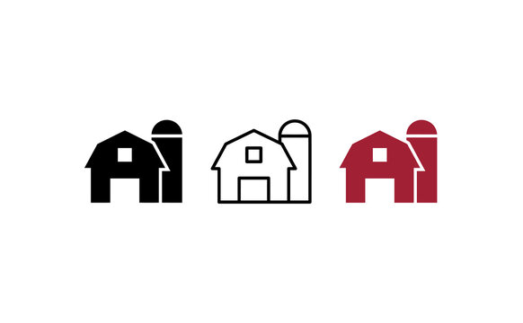Farm barn icon set. Includes solid, outline, and colored symbols for agriculture, rural life, and farming. Clean vector icons for agricultural projects and websites.