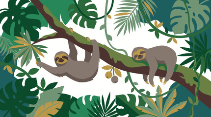 Fototapeta premium Two cute sloths hanging on tree branches in a lush tropical rainforest illustration.