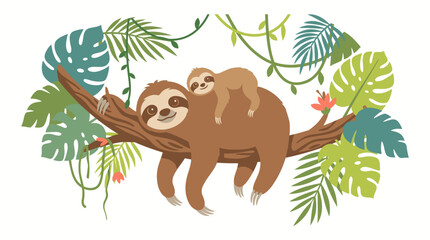 Fototapeta premium Cute cartoon illustration of a mother sloth with her baby hanging on a tropical tree branch.