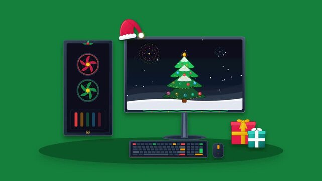 Festive digital holiday illustration showing a desktop computer workstation decorated for Christmas with a Santa hat and presents on a green background featuring a glowing Christmas tree.