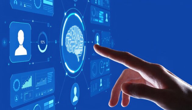 Human finger touching a glowing brain on a digital interface