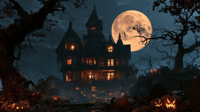 Haunted house and glowing pumpkins on spooky halloween night, eerie haunted mansion surrounded by autumn trees, misty landscape and atmospheric moonlight creating a mysterious horror holiday scene