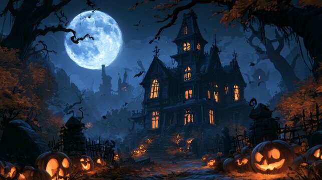 Haunted house and glowing pumpkins on spooky halloween night, eerie haunted mansion surrounded by autumn trees, misty landscape and atmospheric moonlight creating a mysterious horror holiday scene