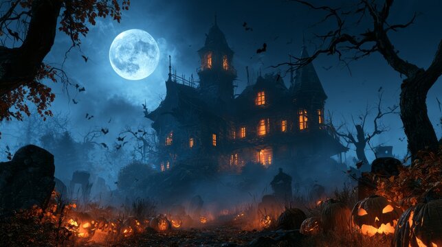 Haunted house and glowing pumpkins on spooky halloween night, eerie haunted mansion surrounded by autumn trees, misty landscape and atmospheric moonlight creating a mysterious horror holiday scene