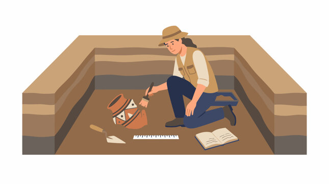 An archaeologist carefully excavating an ancient pottery vessel at a dig site.