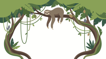 Fototapeta premium Cute cartoon sloth sleeping on a tropical tree branch frame with copy space.