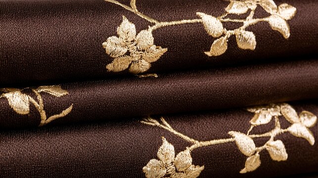 sewing. Luxurious fabric with intricate gold embroidery showcases opulence against a rich, dark background. lifestyle magazines.
