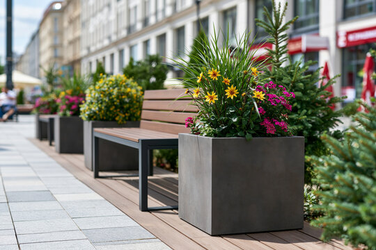 Durable stone-look planters arranged beside a modern garden bench with flowering shrubs and evergreen plants, bright natural daylight