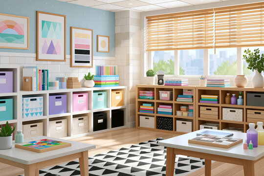 Modern artwork of educational game station with puzzles, activity tables, colorful storage bins and learning materials, bright modern classroom