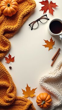 Cozy autumn flat lay with pumpkins, warm knitted blankets, coffee, maple leaves and cinnamon on a light background. Seasonal fall composition with copy space for text, banners and designs