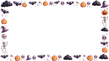 Fototapeta premium Spooky 3D Halloween Full Frame Border with Jack O Lantern Pumpkins and Skulls on Clean Transparent Background