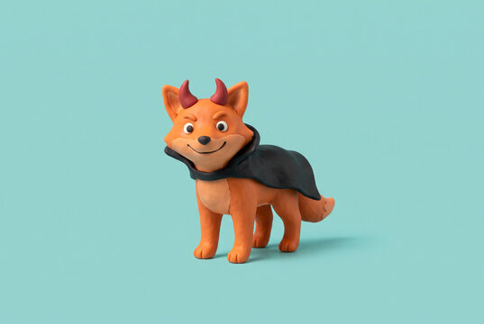3D cute fox wearing a devil horns and cape costume, Halloween clay figurine