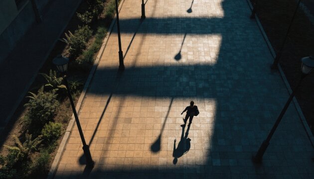 Lone figure walks on sunlit paved pathway with long shadows