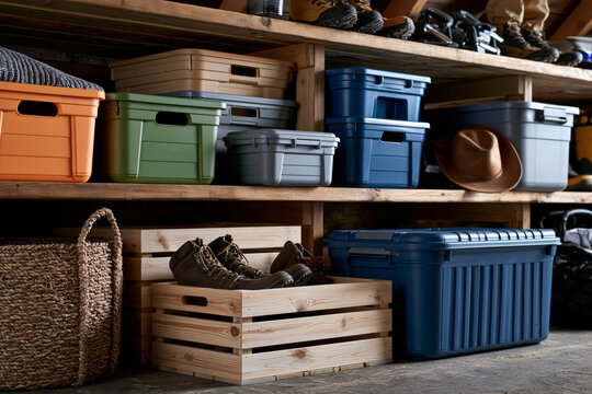 Prepper storing outdoor equipment inside reinforced plastic containers with secure locking lids, organized garage shelving, natural daylight